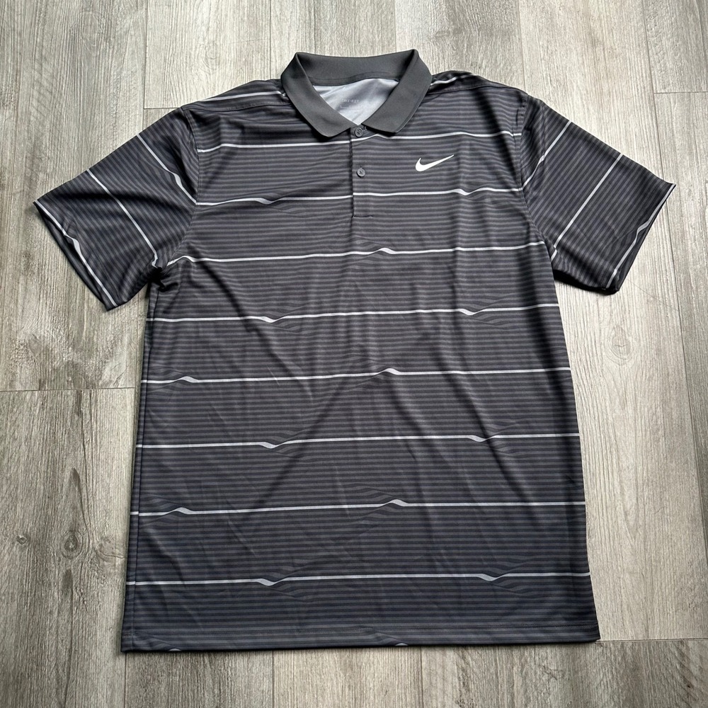 Nike Dri-FIT Polo Shirt Size L Gray Stripe Performance Golf casual mens
